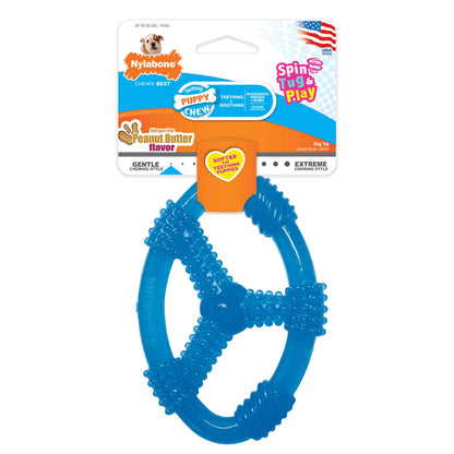 Nylabone Spin Tug & Play Puppy Chew Ring Toy, Toys for Teething Puppies, Peanut Butter Flavor, Blue, Medium - Up to 35 lbs, 1 Count