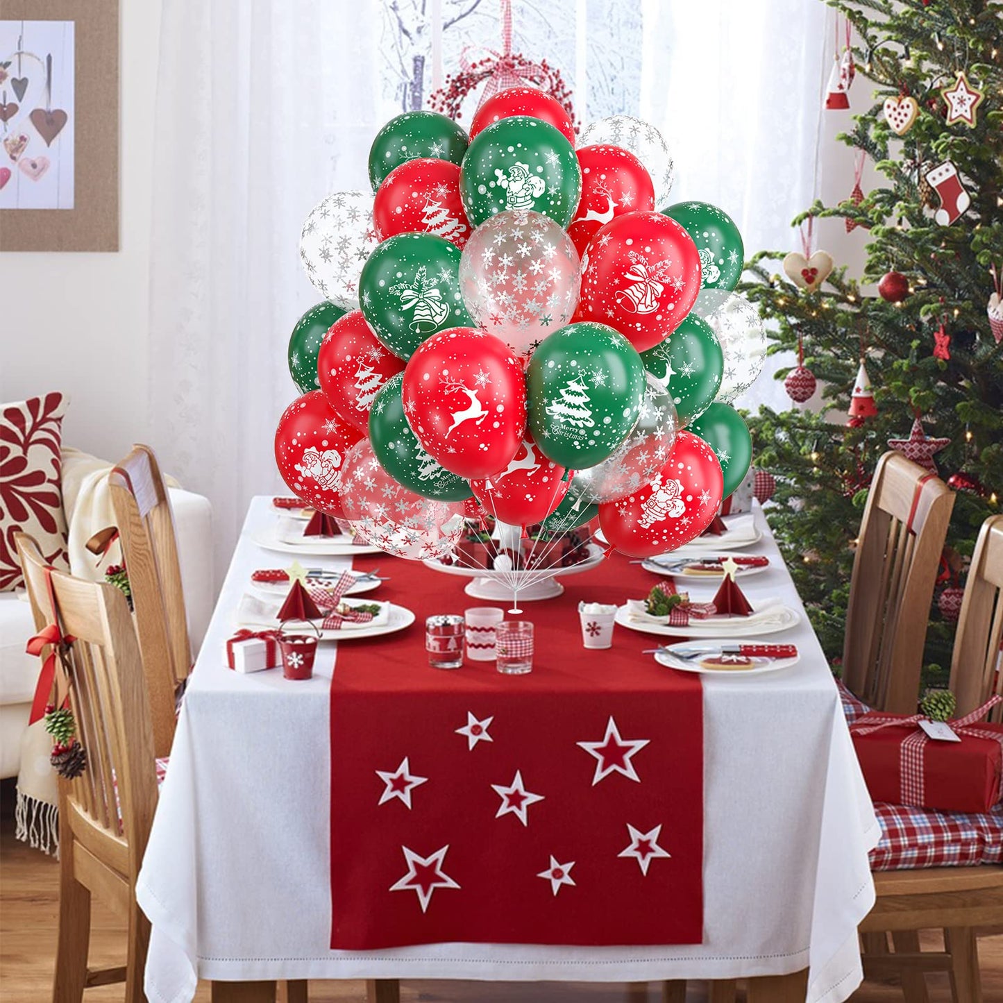 50pcs Red Green Latex Balloons with Christmas Bell Elk Tree Printing Snowflake Confetti for Christmas Party Decorations New Year Holiday Xmas Supplies