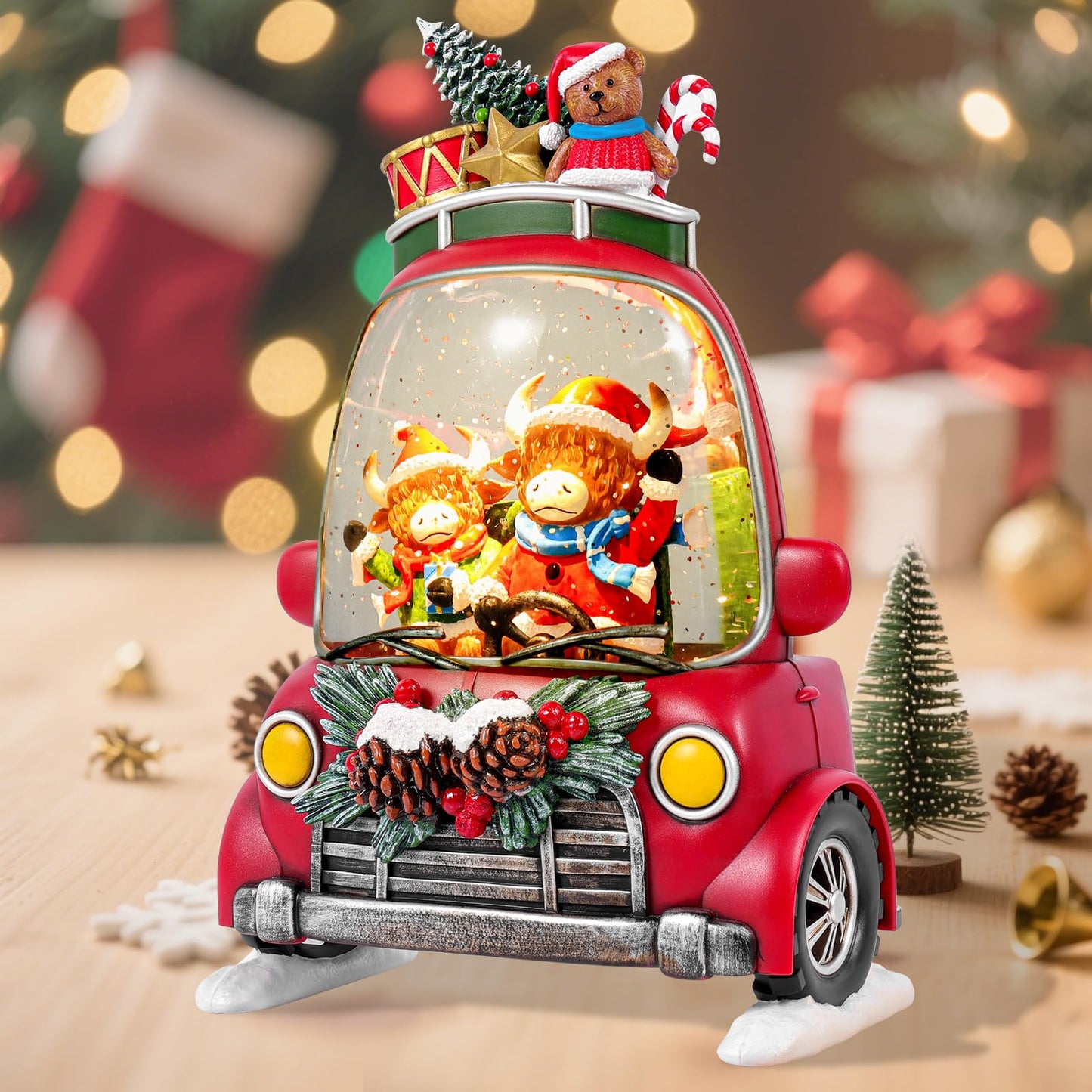 Christmas Snow Globe Lantern with 8 Holiday Music, Christmas Water Snow Globe USB/Battery Powered 6H Timer, Glitter Snowfall Two Bison Scene for Family Friends (Two Bison)