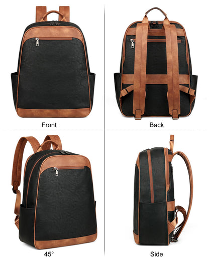 MASINTOR 15.6 inch Leather Laptop Backpack Purse for Women, Designer Travel and Work Bag with Laptop Compartment Black Brown