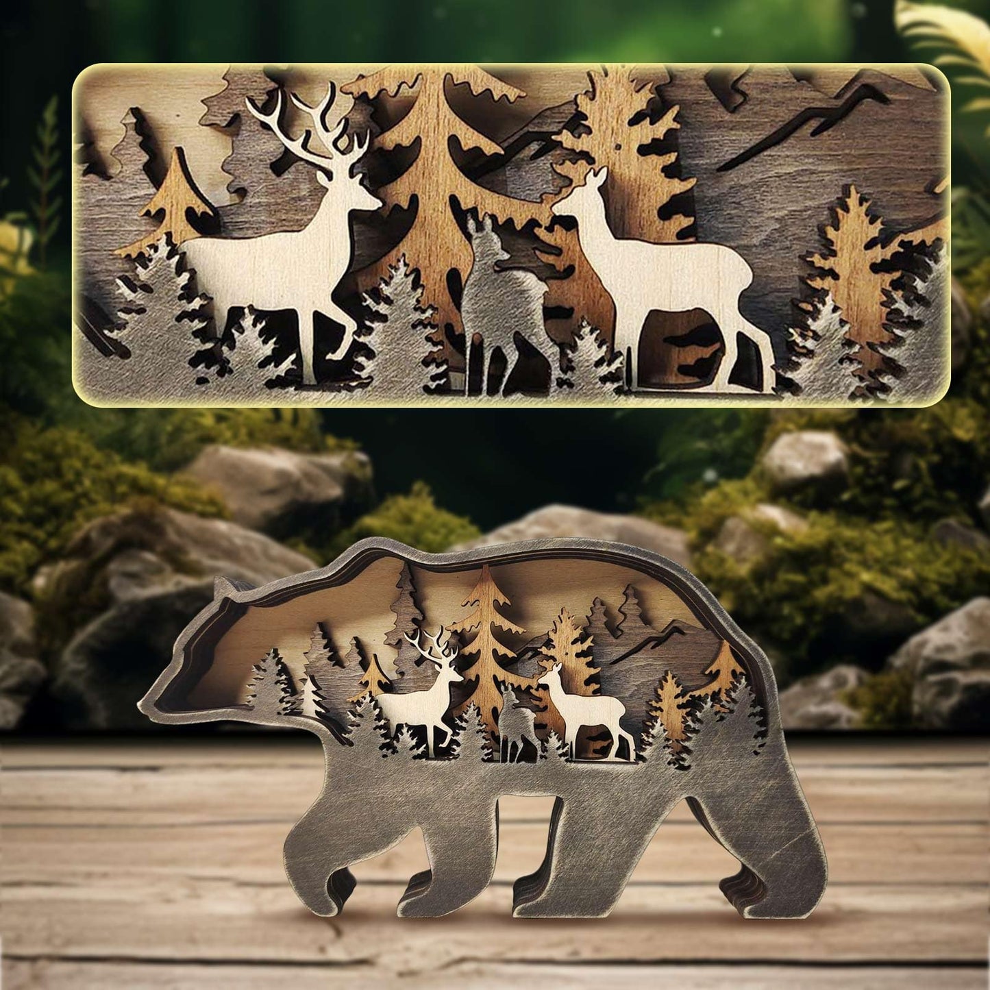 3D Wood Carving Animals Lamp Home Decorative, Cute Bear Family Elephant Presents Ideas Christmas Living Room Office Decor Warm LED Night Lights Gift for Friend Daughter Son Mom Dad (Forest Bear)