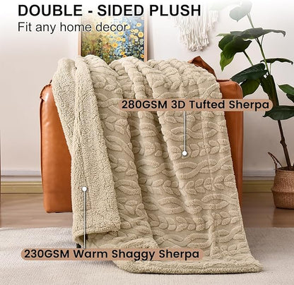 PHF Fluffy Sherpa Blanket Twin Size for Winter, Warm and Soft, 510GSM 3D Jacquard Thick Shaggy Fleece Plush Blanket for Sofa Bed, Khaki, 60"x80"
