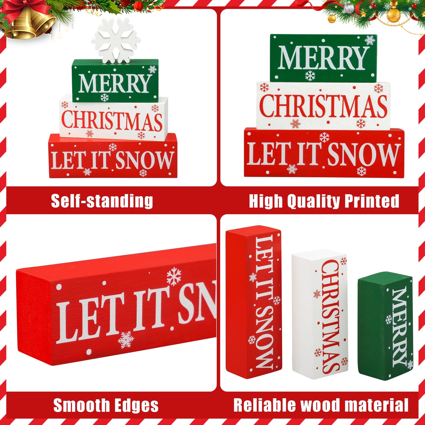 4 Pcs Merry Christmas Wooden Tabletop Decor Let It Snow Table Centerpiece Snowflake Table Sign Xmas Tiered Tray Decor Red Green Wood Block for Xmas Holiday Home Office Kitchen Desk Shelf Decors
