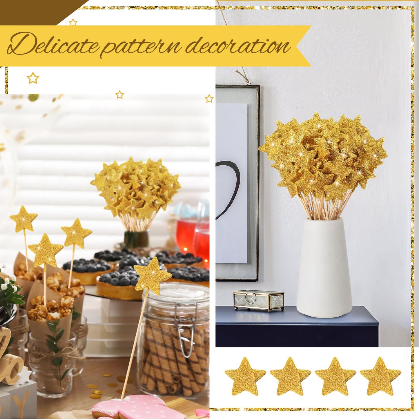 Suzile 60 Pcs Golden Star Floral Pick 8'' Star Centerpiece Table Decor Gold Graduation Glitter Craft Stick Sparkly Foam Stem for Floral Arrangement Wreath Wedding Bridal Baby Shower Birthday