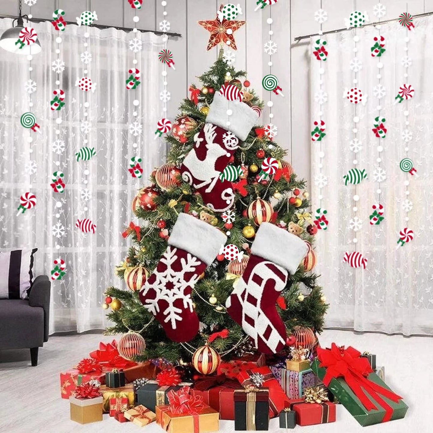 52 Ft Candyland Christmas Decorations Garland Red Green Sweet Candy Cane Lollipop White Snowflake Dot Glitter Paper Hanging Streamer Banner for Merry Christmas Winter Holiday Xmas Party Supplies