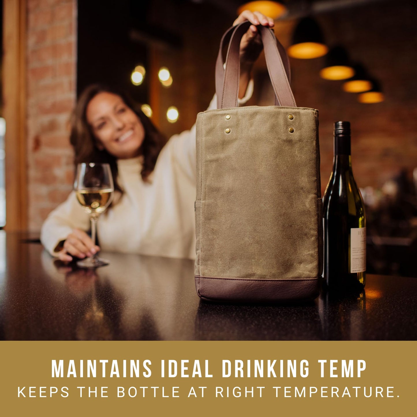 Legacy - a Picnic Time Brand, 2-Bottle Insulated Wine Bag, Distressed Waxed Canvas Wine Tote Bag, Wine Gift Bag