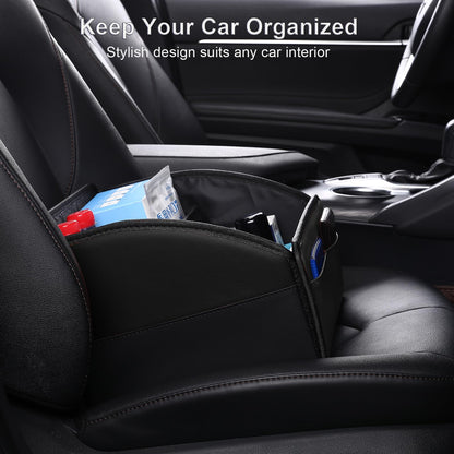 Uplien Car Storage Organizer [2025 UPDATED] Leather Car Caddy Basket for Front Seat Floor Back Seats Metal Handle 6 Compartments Adjustable Strap Buckles Slip-Resistant (Black)