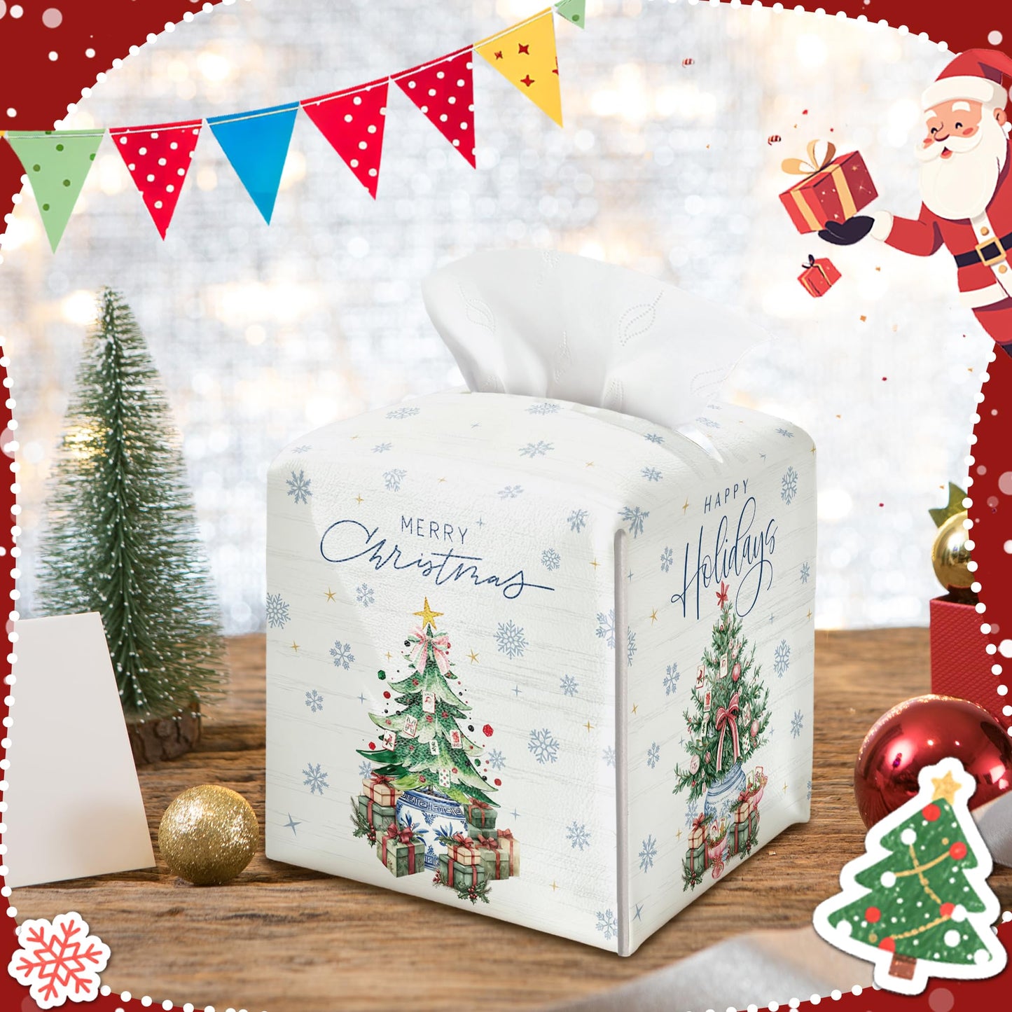Christmas Tissue Box Cover Square, Snowflake Christmas Tree Decorative Tissue Box Holder, Waterproof Leather Tissues Boxes Dispenser for Bathroom, Office, Car, Bedroom Nightstand, Home Decor