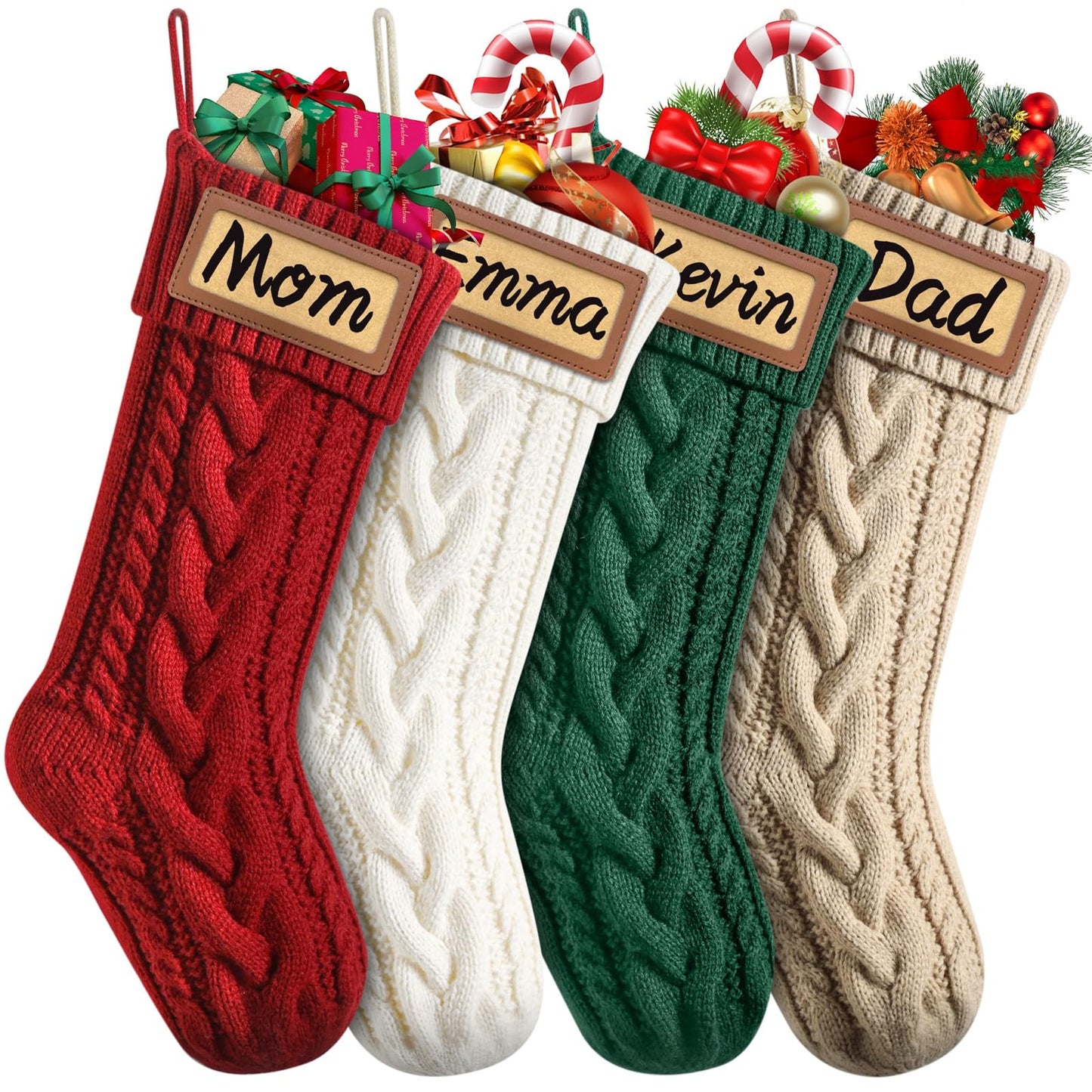 Dalzom® 4Pcs Personalized Christmas Stockings with Leather Patches Custom Name, 18” Premium Large Knitted Christmas Stockings for Kids, Family, Holiday and Fireplace Party Decoration