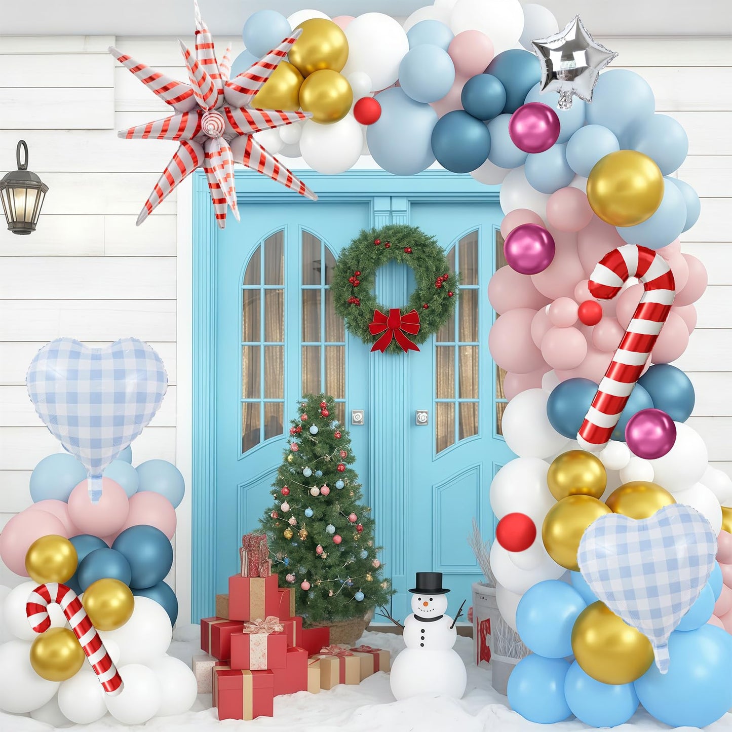 Christmas Balloon Arch, 133Pcs Red Pastel Baby Pink Blue Xmas Winter Wonderland Balloons with Metallic Gold Blue Pink Candy Cane Exploding Star Foil Balloon for Merry Christmas Party Decoration