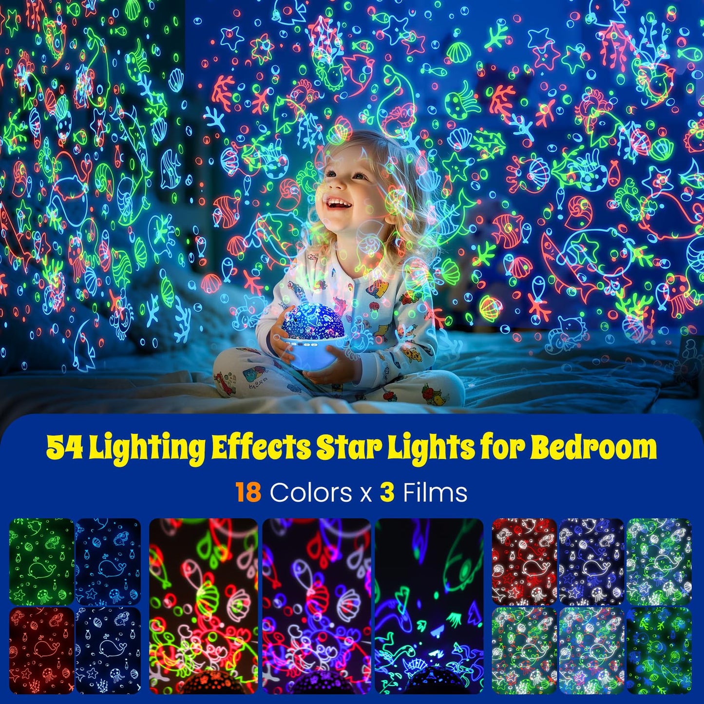 Night Light Projector,Night Light for Kids Room with Remote and Timer,360° Rotation,3 Projection Films,18 Light Modes,8 Lullaby Songs,Kids Night Lamp, Christmas Birthday Gifts for Boys Girls (Blue)