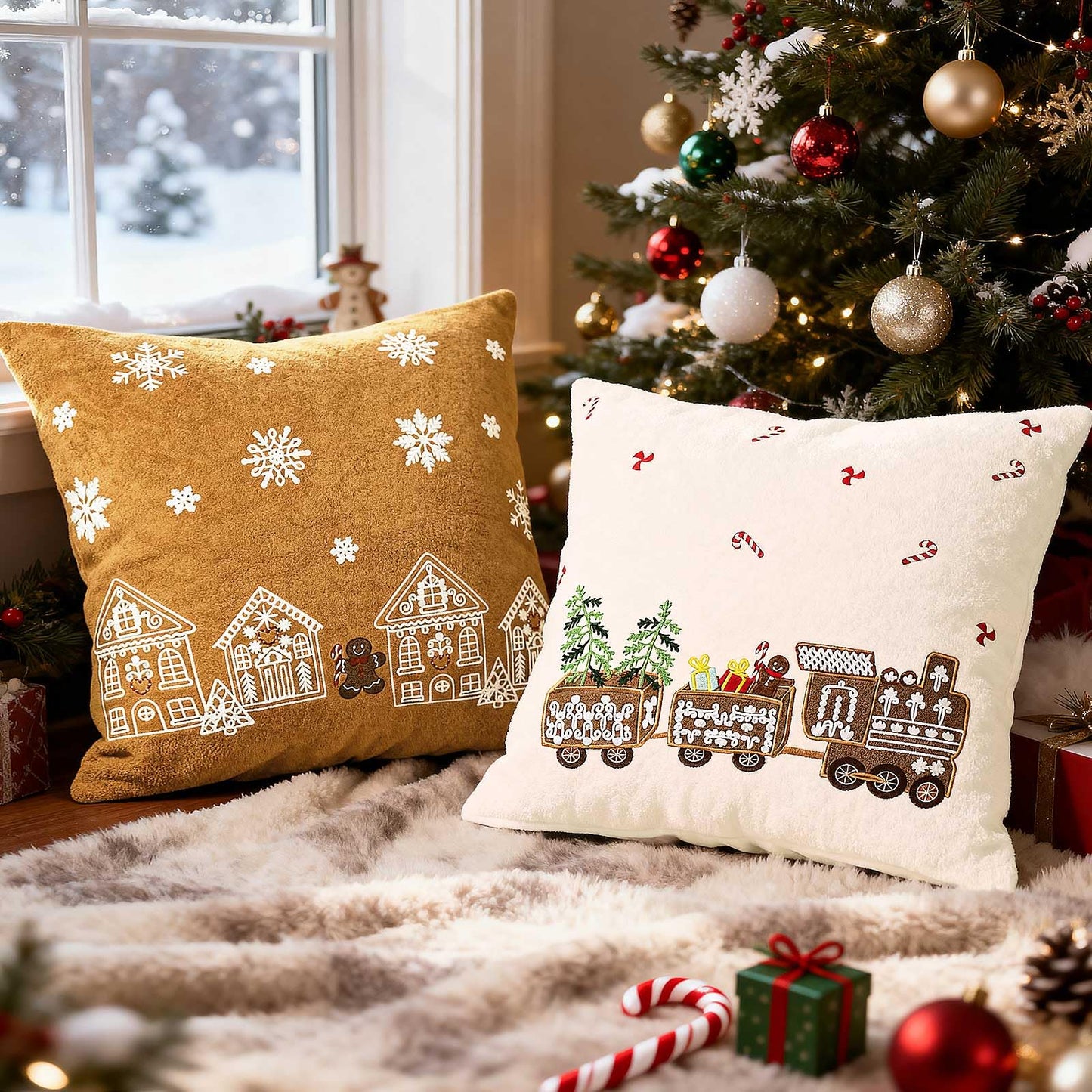 Lanpn 16x16 Christmas Pillow Covers Set of 2, Embroidery Gingerbread Man House Decorative Holiday Pillowcase Pillow Case Cushion 16 x 16 for Indoor Home Bedroom Sofa Couch Xmas Decor