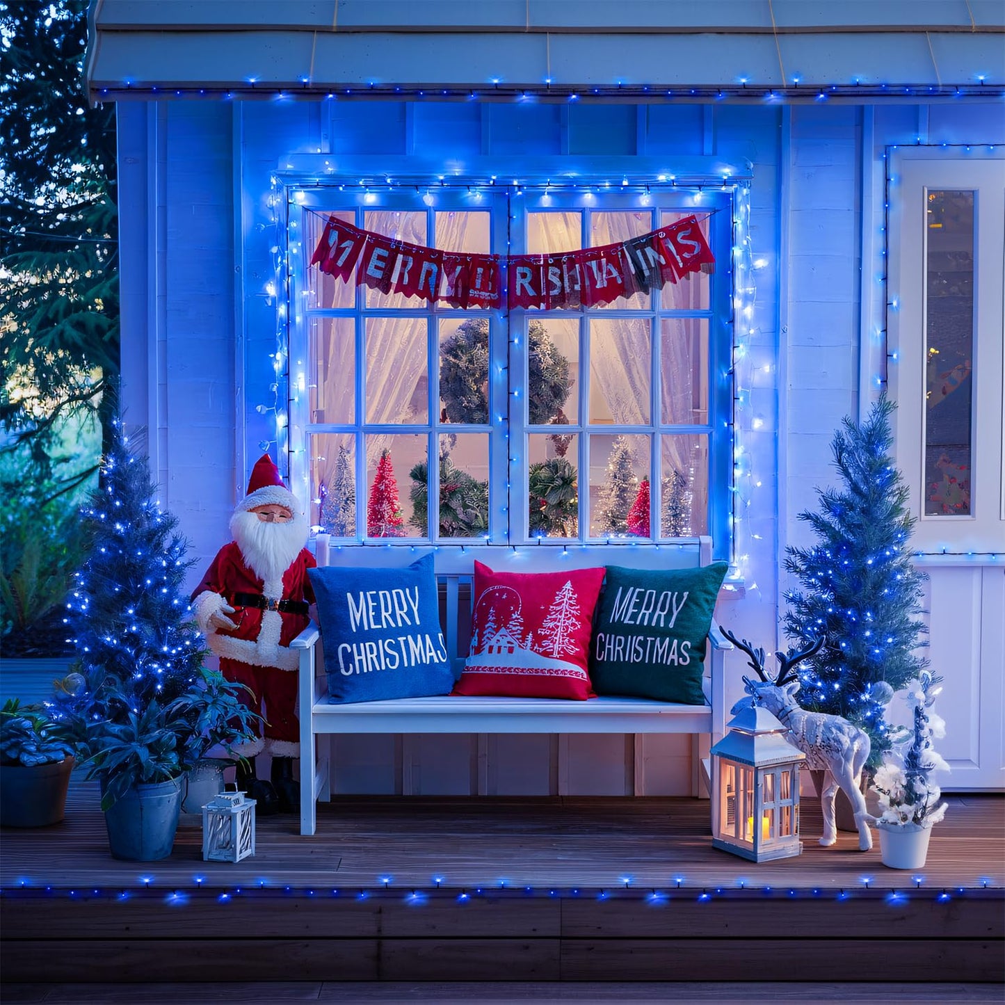 JMEXSUSS 2 Pack 100 LED Blue Christmas Lights Battery Operated, Each 33 FT Blue String Lights Indoor Outdoor Waterproof，Christmas Tree Lights with Remote for Garden Porch Yard Decor