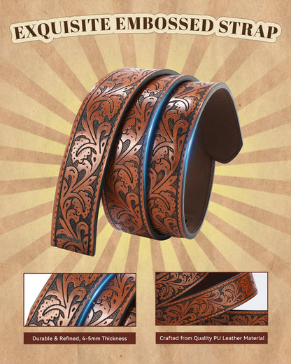 AWAYTR Kids Ratchet Western Belt - PU Leather Cowboy Belt Adjustable Toddler to Big Kid Sizes for Jeans (Gunmetal Gold Horse-Brown, Fit Waist: 26.5"-30")