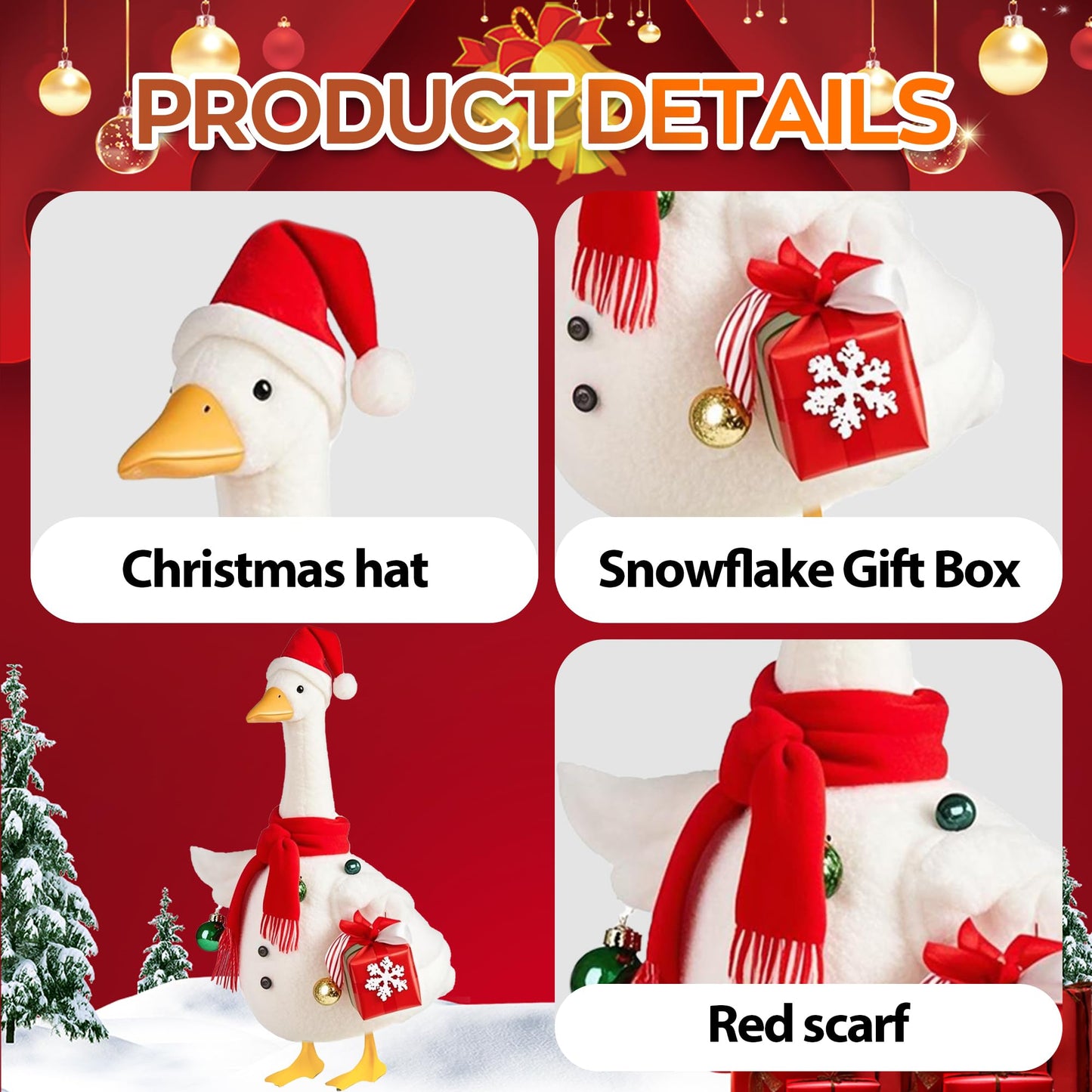 Lodaxu Christmas Snowman Porch Goose Outfits for Large 23" High Cement or Plastic Goose Statue, Yard Goose Cloths with Christmas Hat and Snowflake Gift Box Decor for Outdoor Lawn Gaden Patio