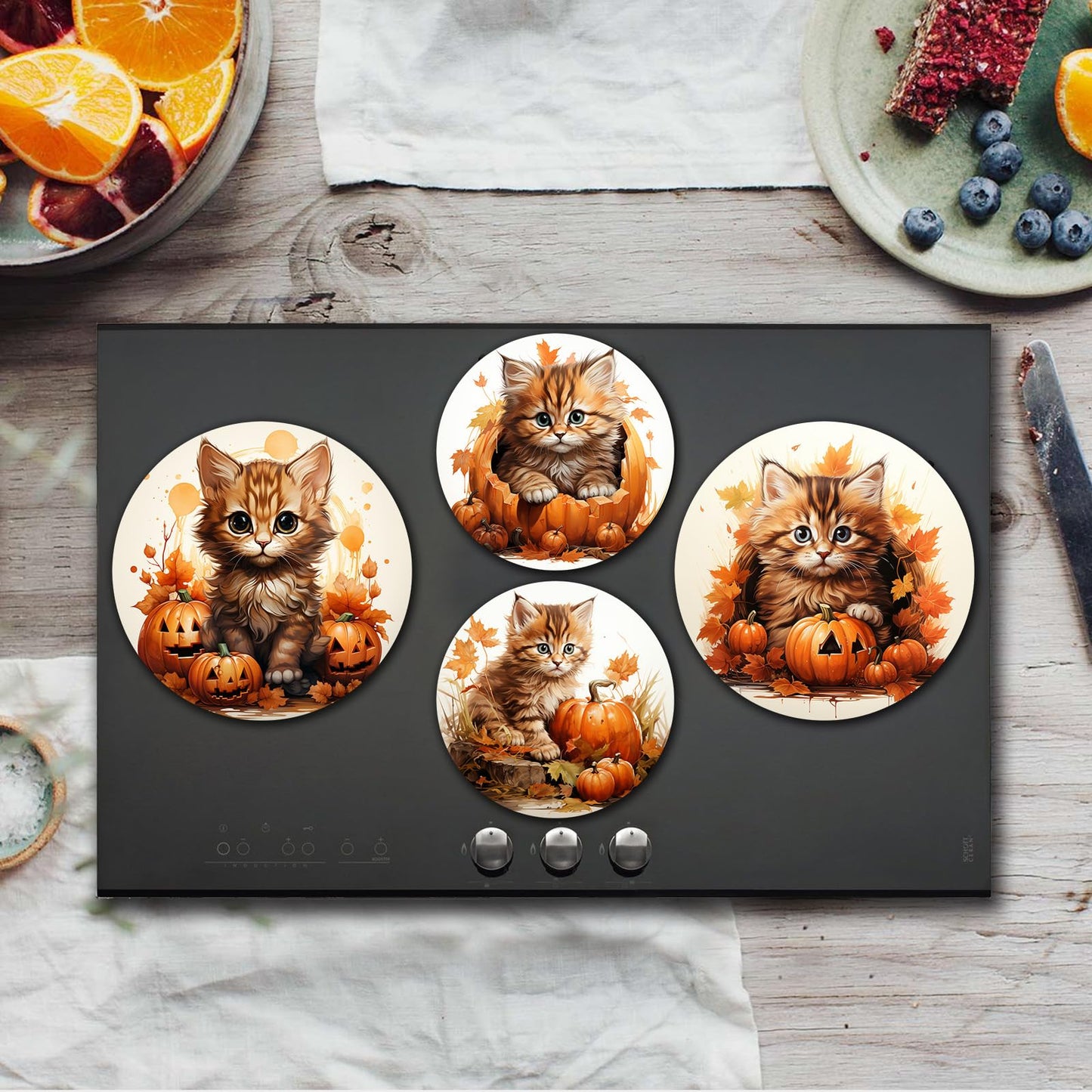 4 Pcs Halloween Decor Round Stove Burner Cover,Autumn Pumpkin Electric Stove Burner Covers,8Inch and 10Inch,Gas Stove Burner Cover,Yellow Cats Metal Cooktop Decorative Home Decor,Kitchen Decor