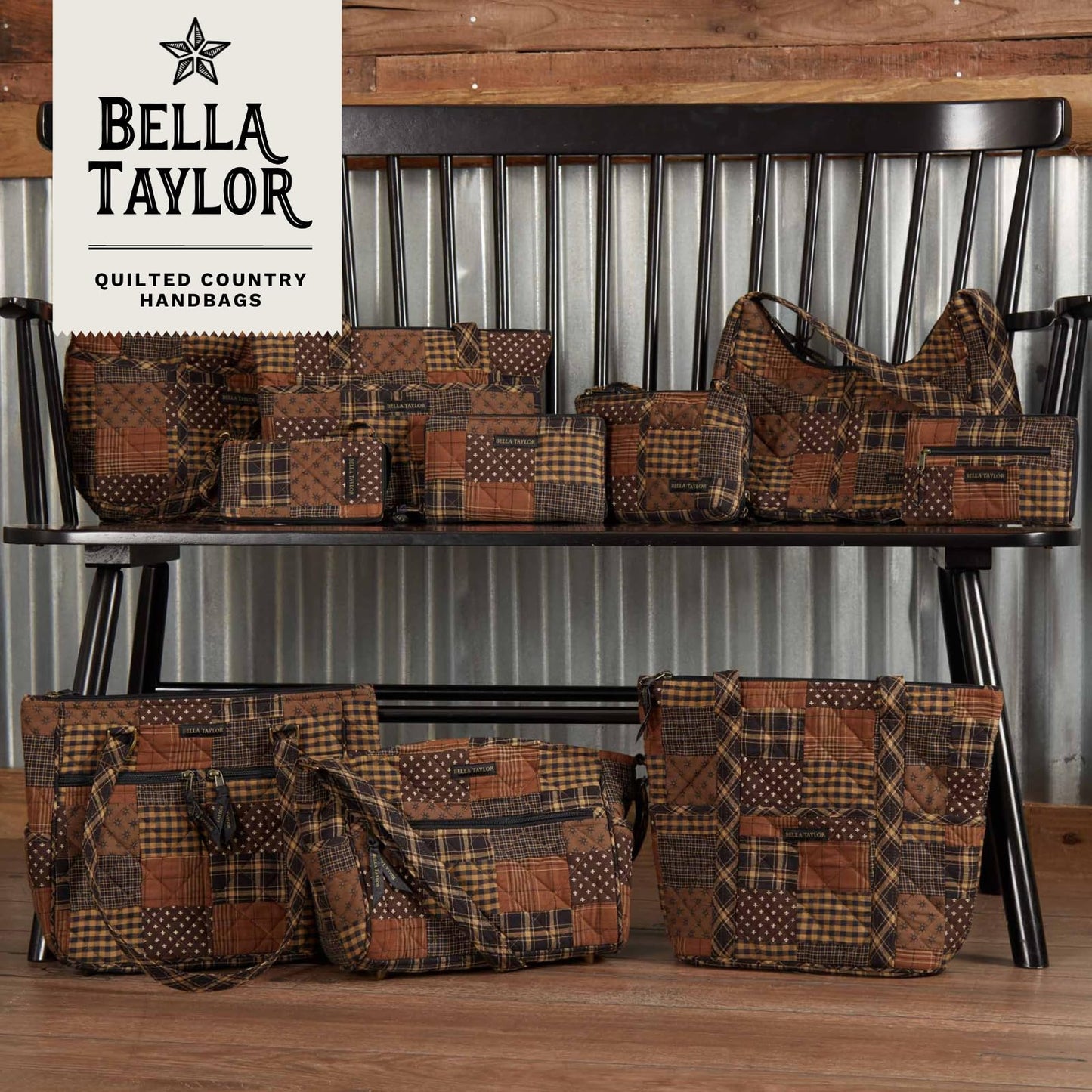 Bella Taylor Quilted Duffle Bag for Women, Large Carry On Travel Weekend Bag, Quilted Cotton Ironstone Black and Brown Patchwork