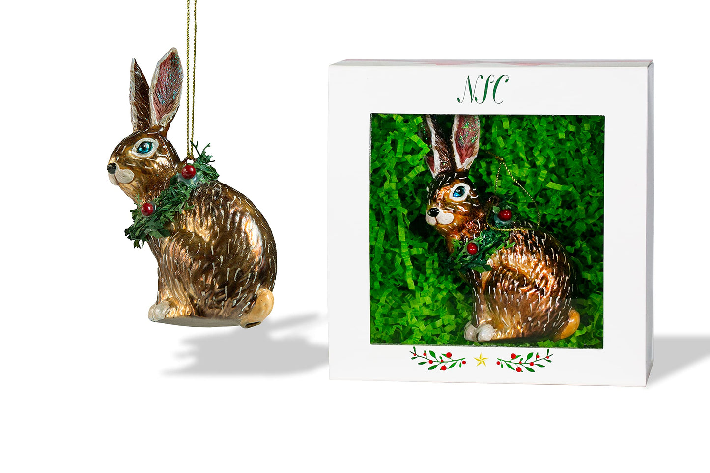 North Star Christmas | Bunny with Wreath Glass Ornament | Christmas Collection