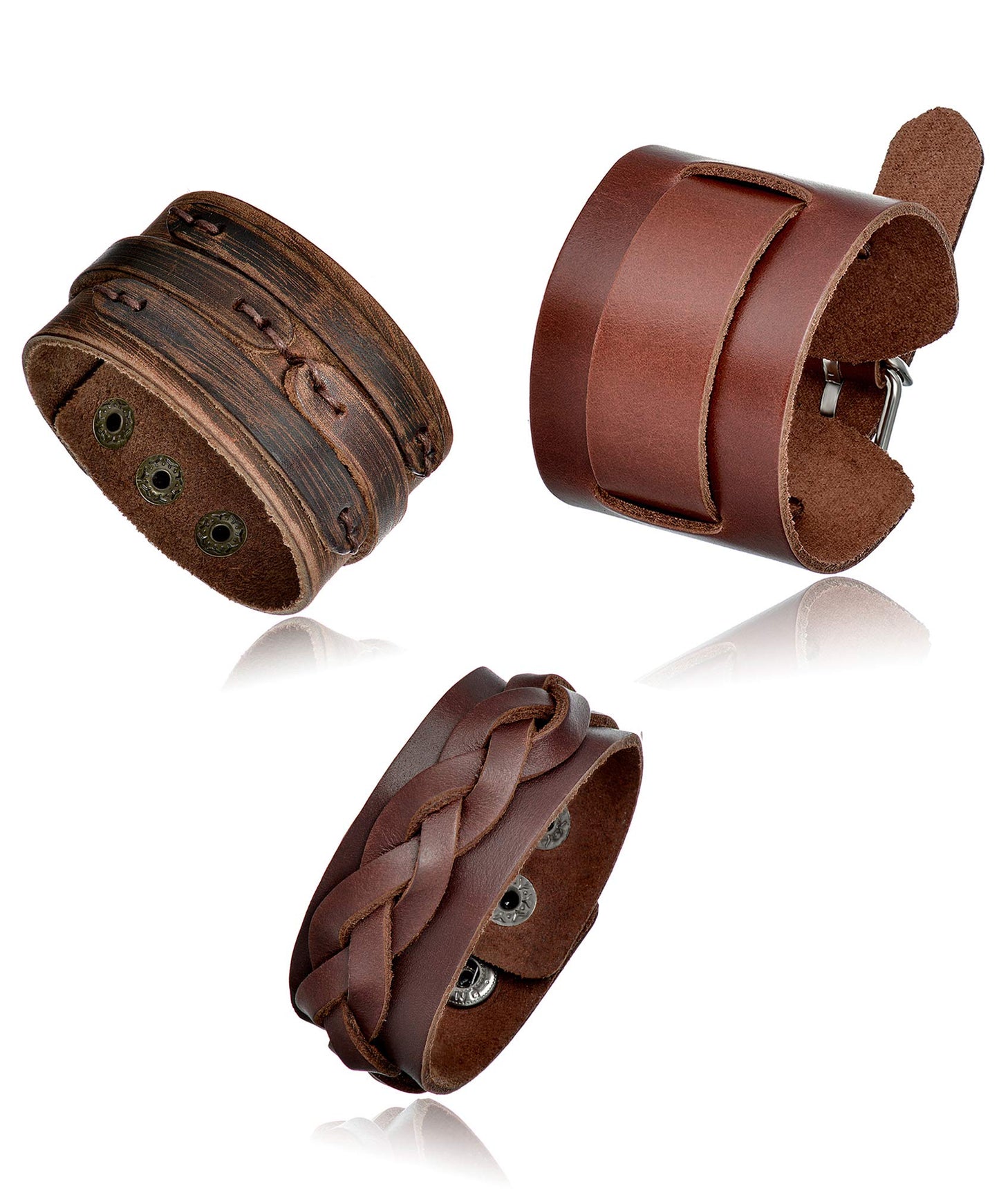 Tornito 3Pcs Genuine Leather Bracelet Braided Biker Cuff Strap Punk Wide Belt Bangle Wristband For Women Men Black Brown Size Adjustable