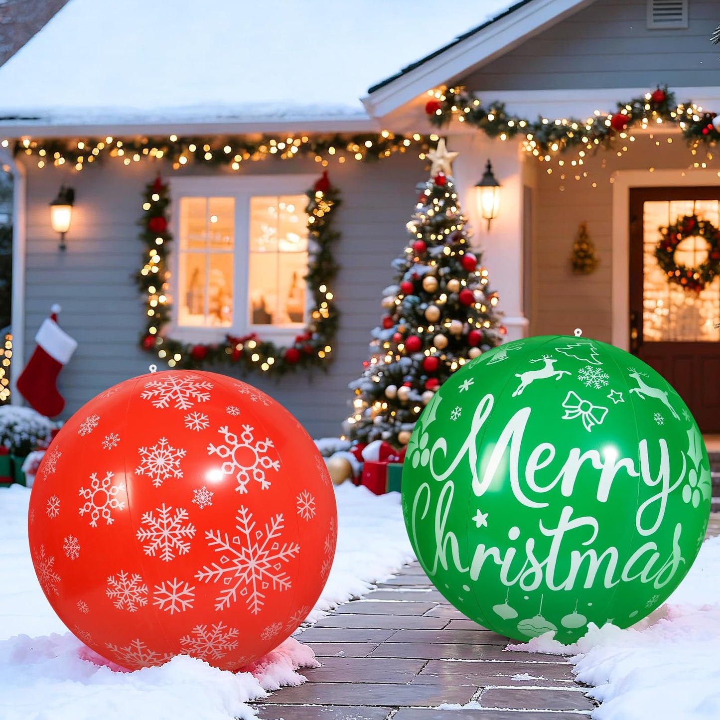 Wlicon 2 PCS 32 Inch Large Christmas Inflatable Balls Outdoor Inflatable Christmas Ball Ornaments for Xmas Garden Lawn Yard Holiday Front Door Window Decoration