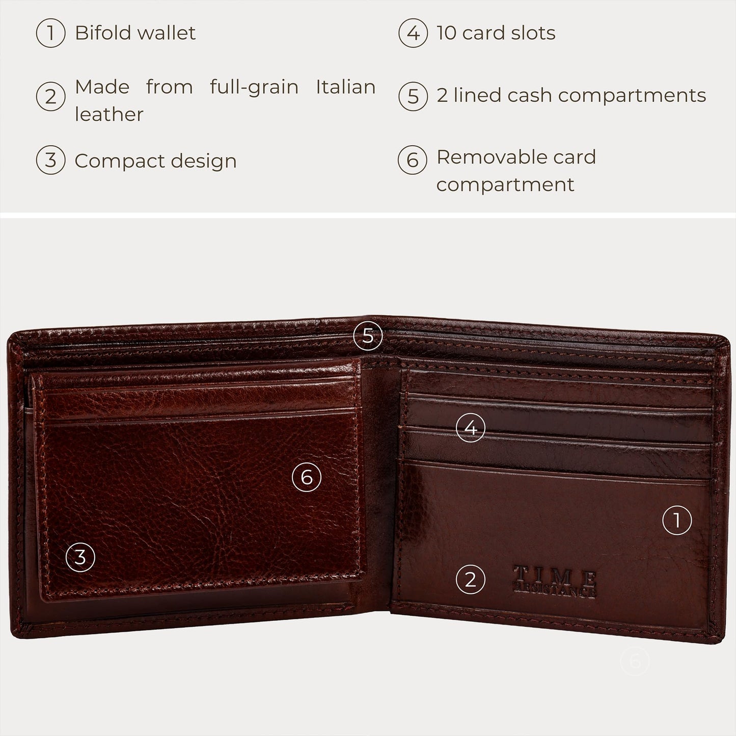 Time Resistance Leather Wallet – Italian Handmade Minimalist Design Wallet - Billfold Credit Card and Cash Holder (Brown)