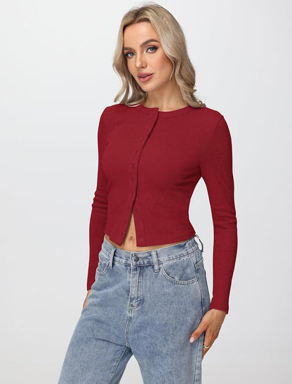 Womens Long Sleeve Tops Fall Lightweight Cardigan Cropped Going Out Shirts Ribbed Button Down Cute Trendy 2025