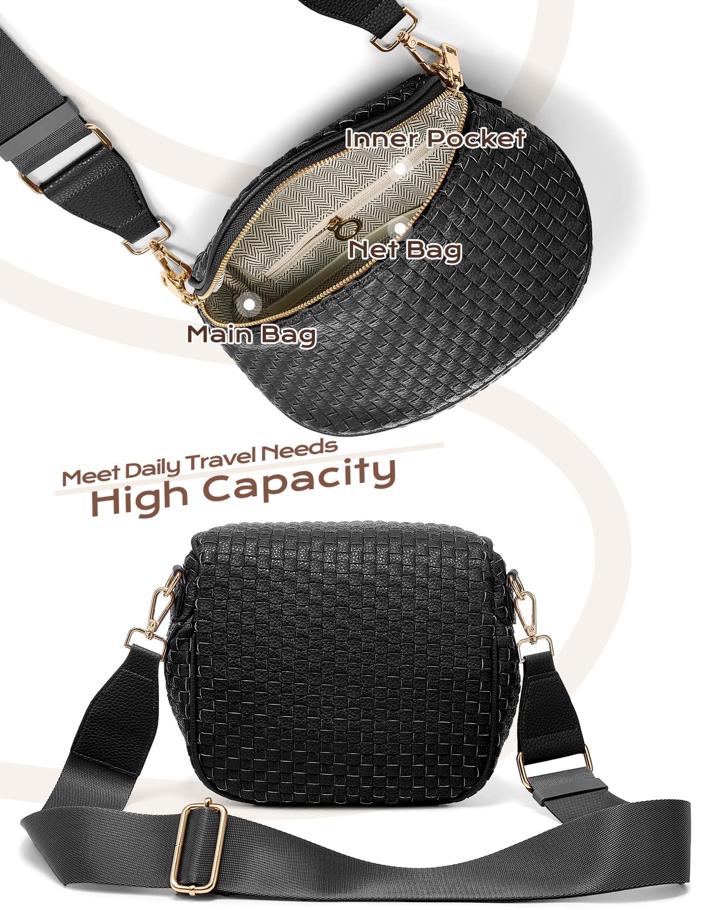 Trendy Woven Checkered Crossbody Bum Bag for Women，PU Leather Checkered Purse Fanny Packs Belt Bag (Woven Bum Bag - Pure Black)