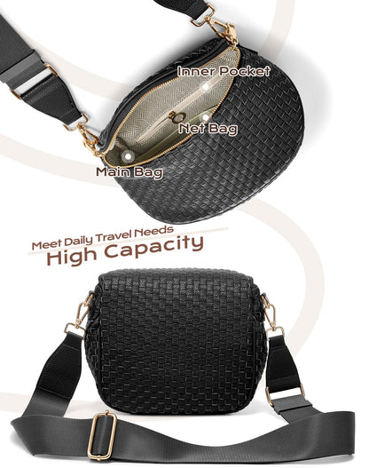 Trendy Woven Checkered Crossbody Bum Bag for Women，PU Leather Checkered Purse Fanny Packs Belt Bag (Woven Bum Bag - Pure Black)