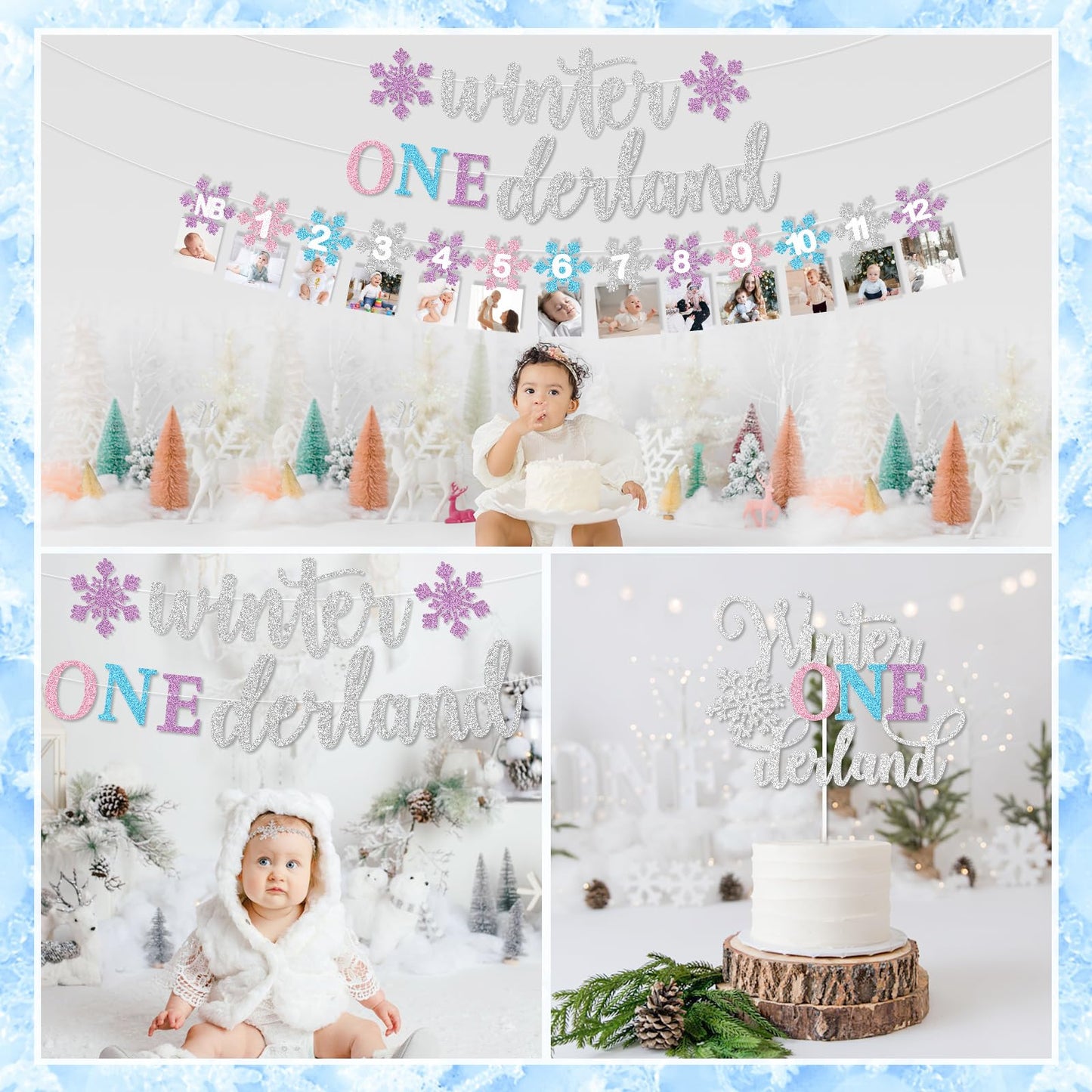 Winter Onederland 1st Birthday Decorations Girl, Winter Onederland Banner, Snowflake Photo Garland Highchair Banner Snowflake Balloon Arch Garland for Winter First Birthday Baby Shower Party Supplies