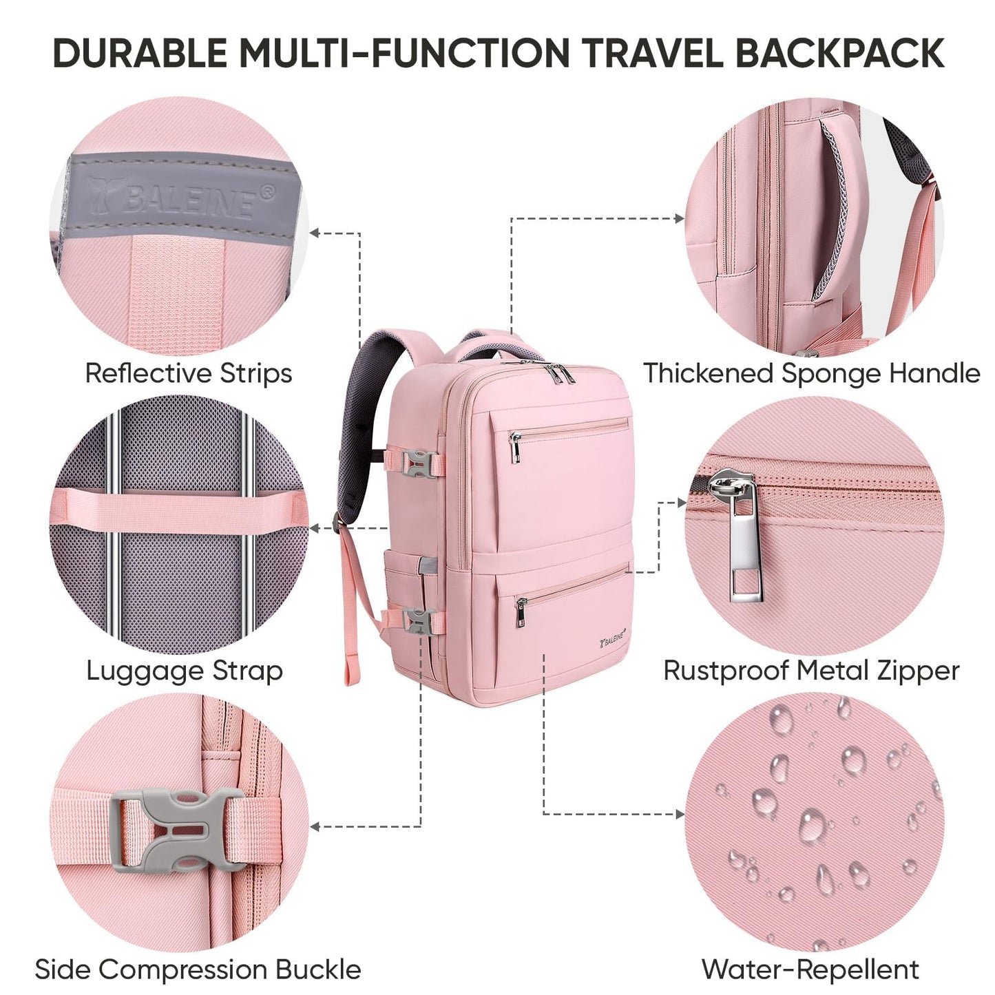 BALEINE Travel Backpack for Women Men, Large Sturdy Carry On Laptop Backpack Gifts for Business, Casual, Weekender, Hiking (Large, Pink)
