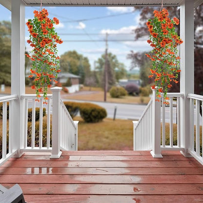 Artificial Flowers for Fall Decor, Artificial Hanging Flowers for Outdoors, 4pcs Realistic Faux Daisy Baskets Fake Plants, Autumn Leaves for Thanksgiving Garden Front Porch Courtyard Patio (Orange)