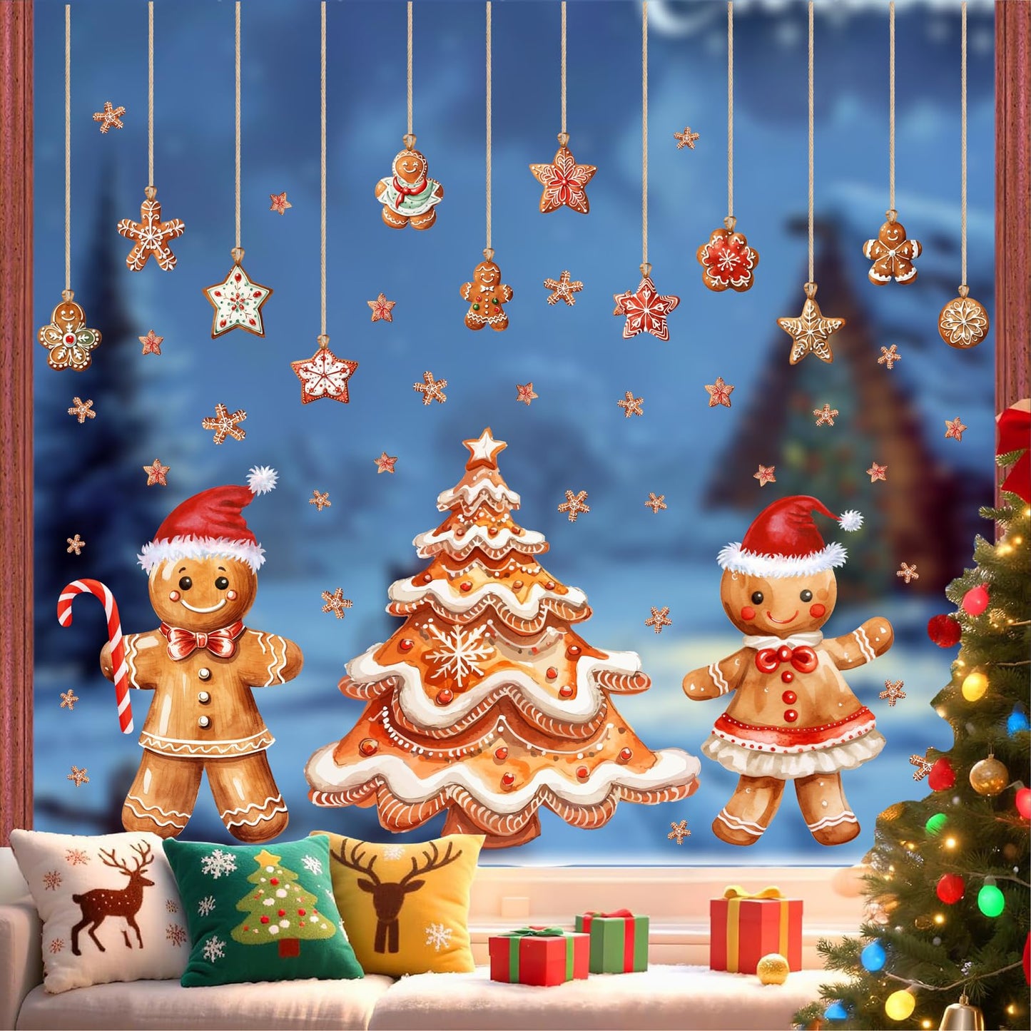 Christmas Window Decoration Clings Gingerbread Decals for Glass Double-Side Xmas Tree Holiday Window Decal Reusable Removable Snowflake Static Cling for Indoor Home Office Display Winter Decoration