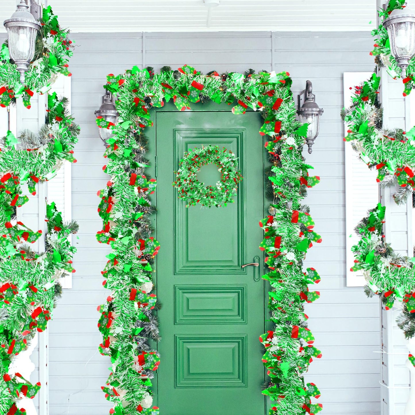 XunYee 98 ft Christmas Tree Snowflakes Tinsel Garland Decorations Red Green Metallic Twist Garland Holiday Shiny Wire Ornament for Xmas Festival Home Mantle Fireplace Indoor Outdoor Party Decor