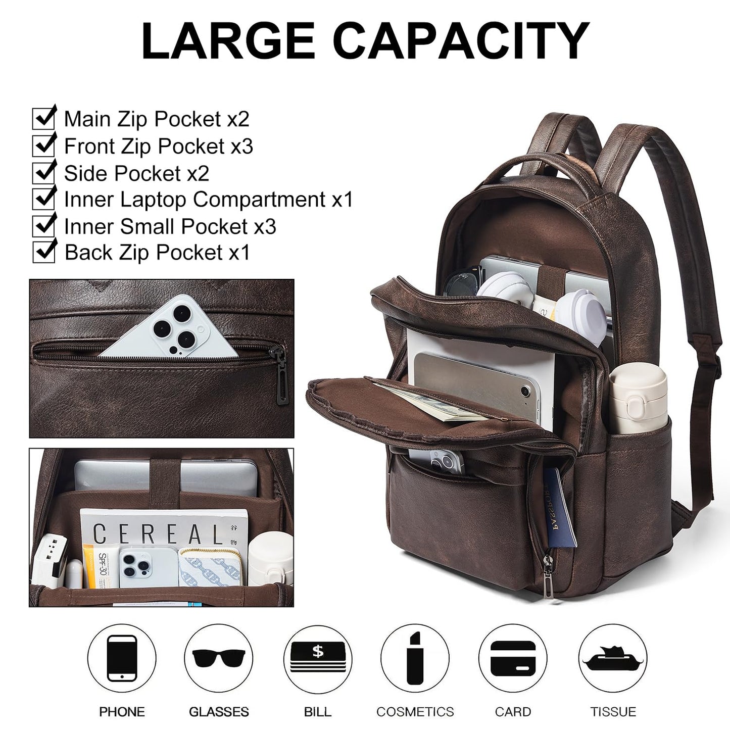 LATMAP 30L Backpack Purse for Women Men Laptop Backpack, Faux Leather Travel Work Backpack Teacher Bookbag fits 15.6" Laptop,Coffee