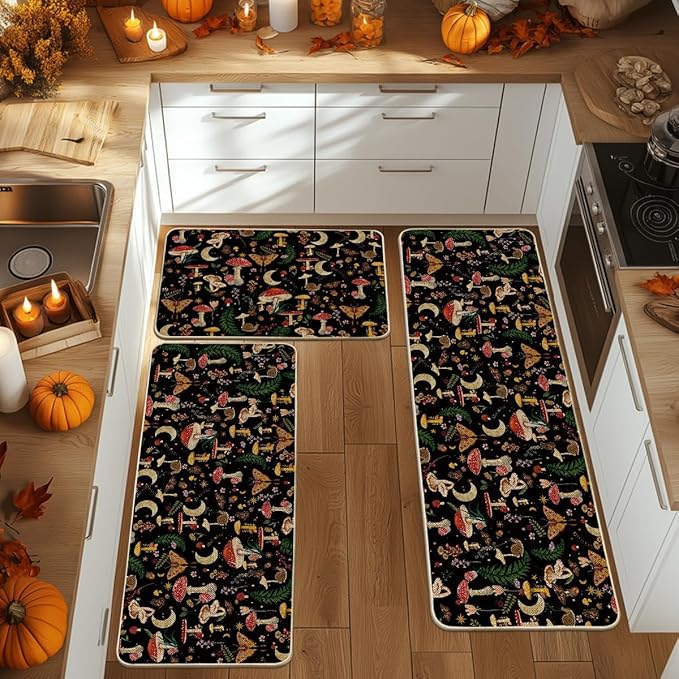 Artoid Mode Black Mushrooms Butterfly Spring Kitchen Mats Set of 3, Home Decor Low-Profile Kitchen Rugs for Floor - 24"x35"+24"x59"+24"x72"