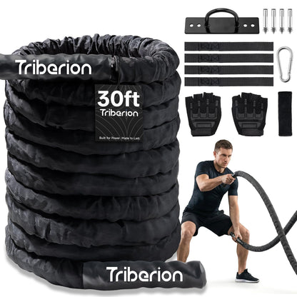 Battle Rope for Home Gym Workout - 1.5 Inch 30ft Heavy Weighted Training Exercise Ropes Fitness Equipment with Sleeve and Anchor Strap Kit for Outdoor Working Out