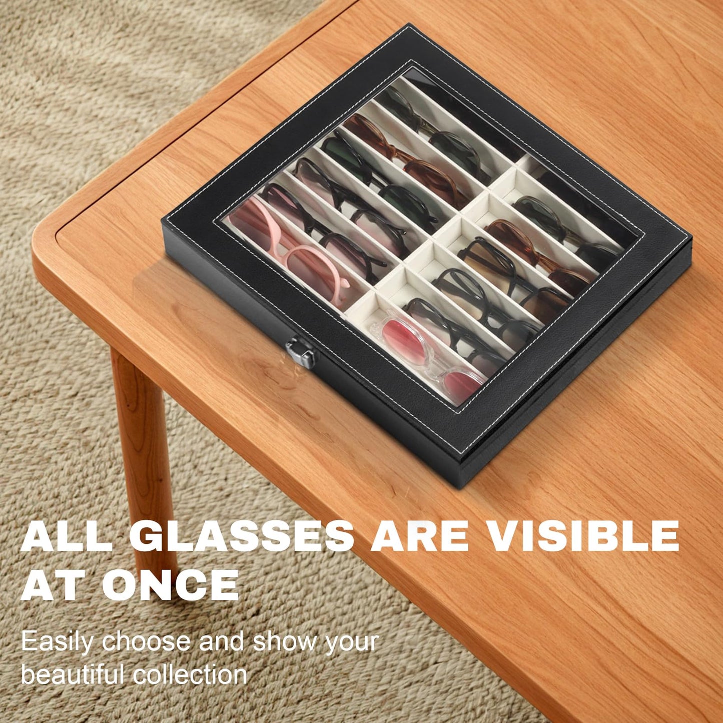 Huvon Sunglasses Organizer Case with Adjustable Slots, Eyeglasses Display with Lid, Eyewear Storage Box for Large Glasses