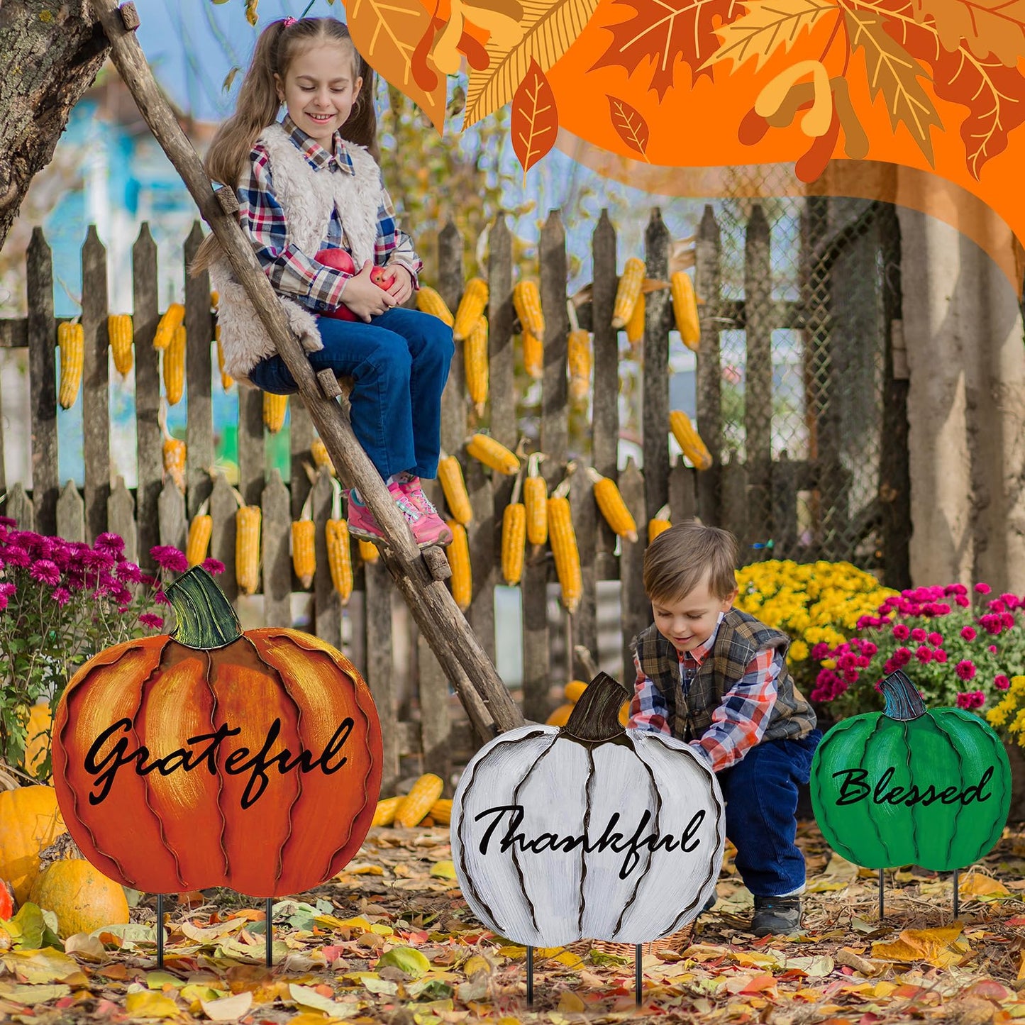 MorningRo 3 Pcs Thanksgiving Fall Yard Signs Outdoor Metal Pumpkin Decorative Garden Stakes, 28''+26''+24'' H Waterproof Pumpkin Yard Decoration for Outside Porch Patio Lawn Autumn Harvest Halloween