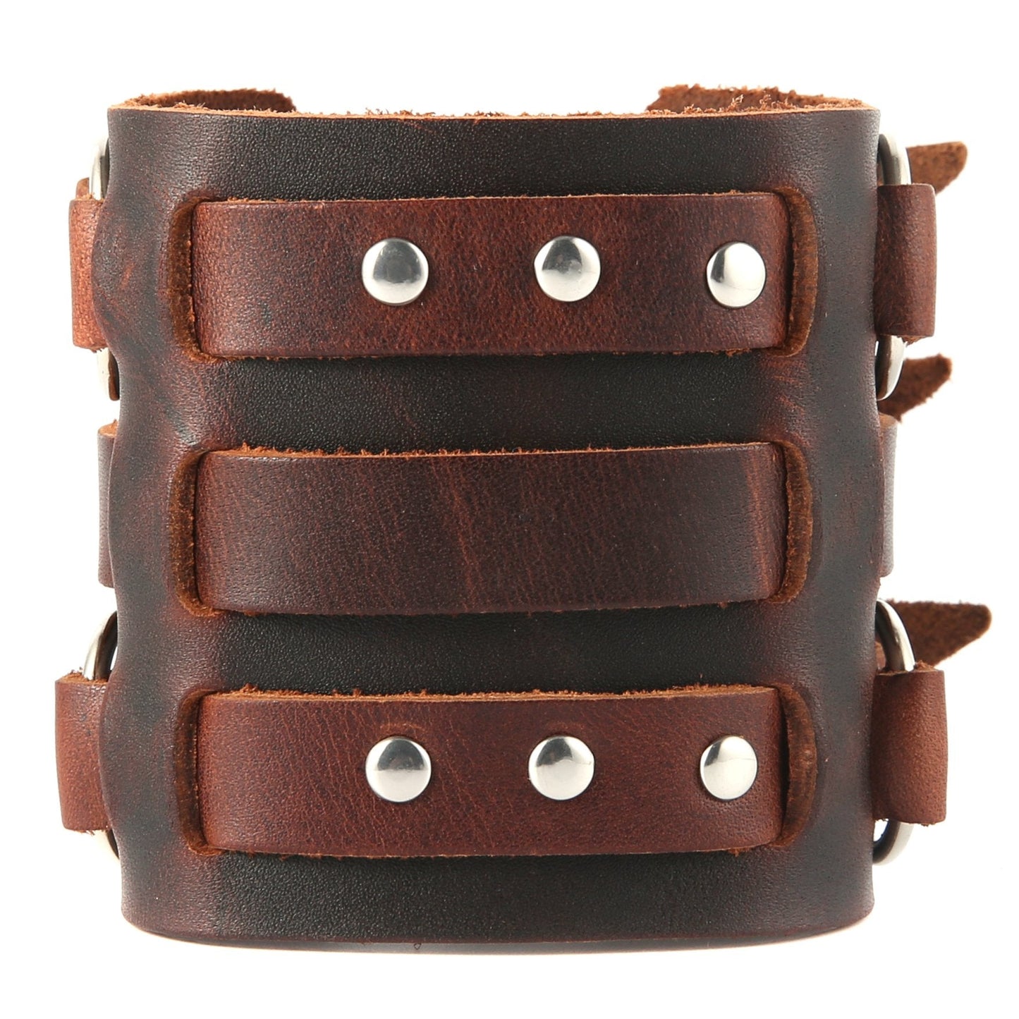 HZMAN Men's Alloy Ring Genuine Leather Bracelet Bangle Cuff Silver Tone Adjustable (Brown)