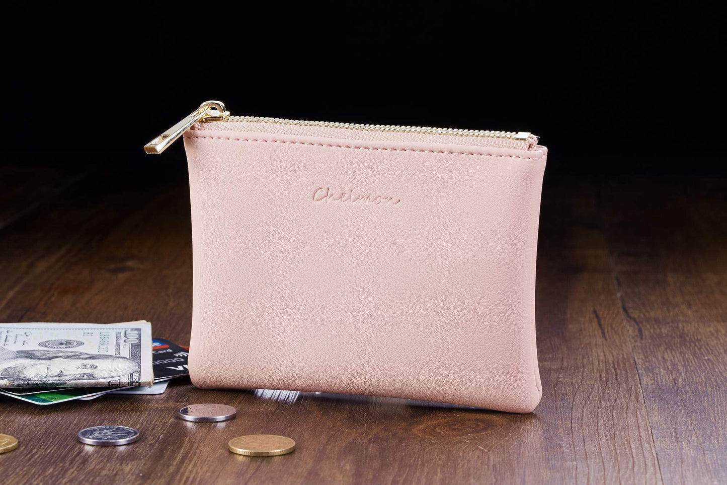 Chelmon Vegan Leather Coin Purse Pouch Change Purse With Zipper For Men Women (Pink Lotus)