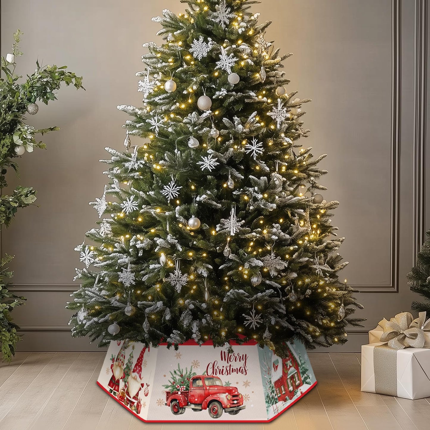 Christmas Tree Collar for Artificial Trees, Red Winter Snowman Truck Santa Claus Rustic Country Christmas Decoration, Fabric Hexagonal Base Tree Collar Skirt for Xmas Tree Decorations Holiday Party