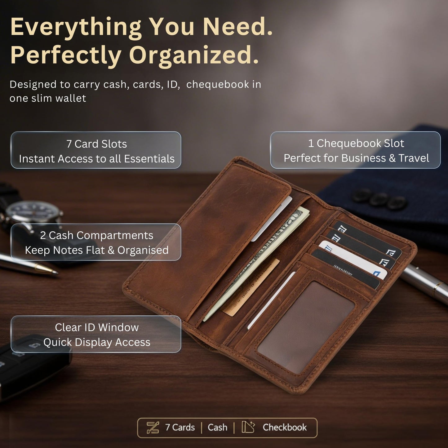 Jajmo Legacy Full Grain Leather Checkbook Cover, Long Bifold Wallet for Men - 11 Compartments