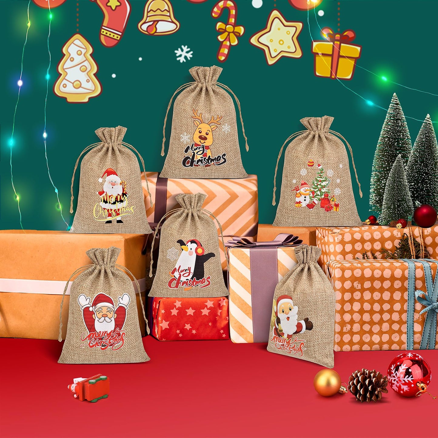 Christmas Small Burlap Bags with Drawstring, Burlap Gift Bags Christmas Linen Treat Sacks Gift Wrapping Bags Xmas Holiday Party Favors Bags(7x5 inch, 24 Pcs)