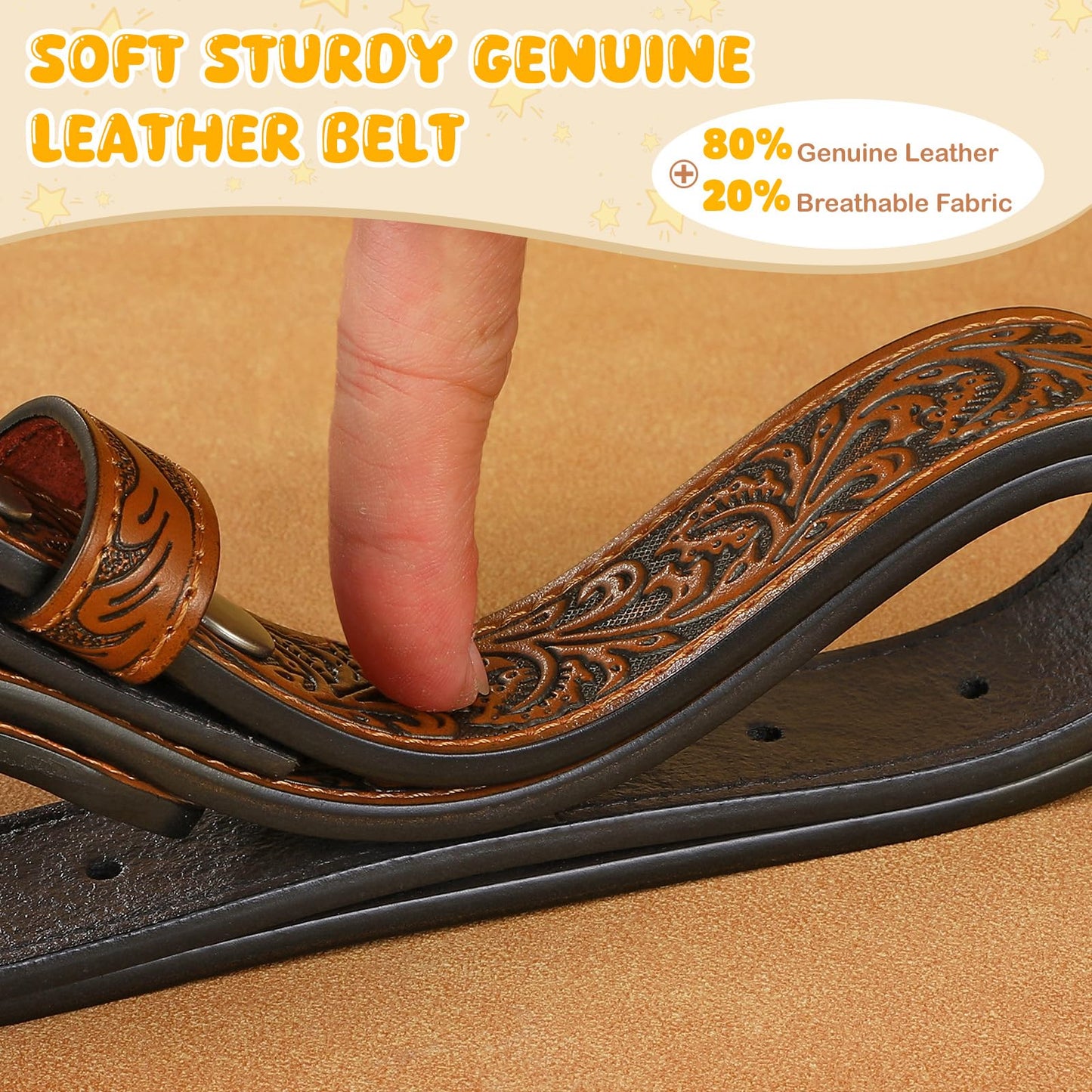 SANSTHS Kids Western Belt without Buckle Genuine Leather Boys Girls Belt Strap Cowgirl Cowboy Belts for Jeans Western Gifts, Embossed Leaf/Brown