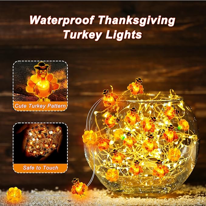 10 Ft 30 LED Thanksgiving Decorations Turkey Pumpkin String Lights, Thanksgiving Lights Decorations Battery Operated Turkey Lights Copper Wire Fairy Lights for Party Home Indoor Decor