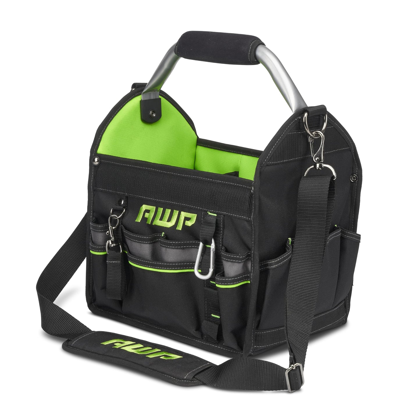 AWP 12 Inch Pro Tool Tote with Rotating Handle for Easy Tool Access, Water-Resistant Construction, Black