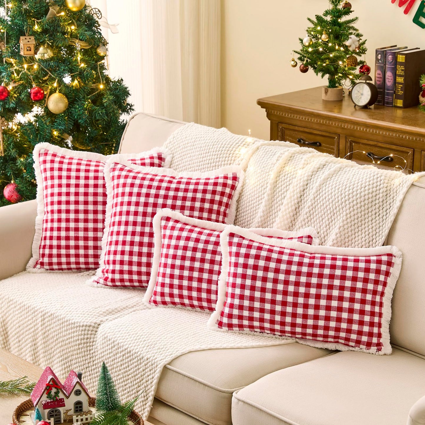 12x20 Red and White Christmas Plaid Gingham Lumbar Pillow Covers Set of 2