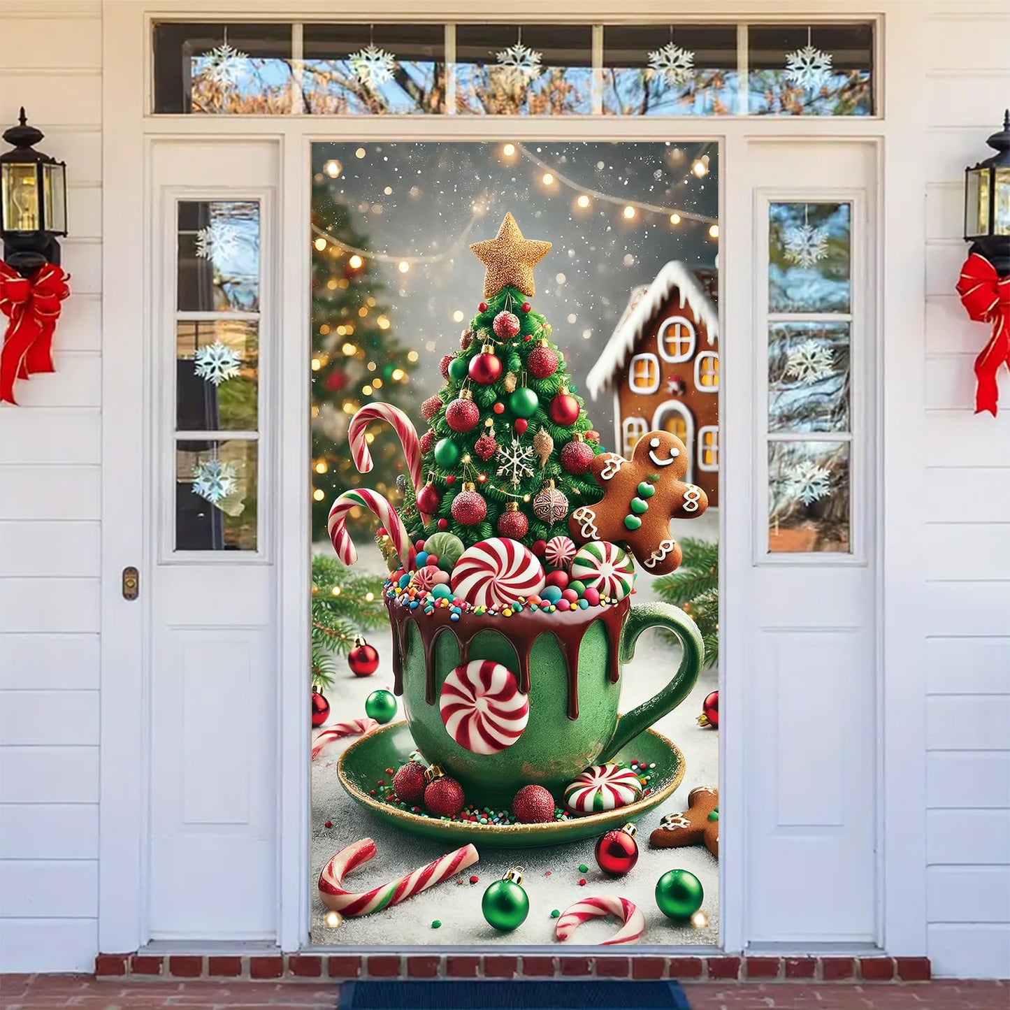 Saoplasa Christmas Door Cover Hot Cocoa Mug Banner 71 x 35 Inch Gingerbread Candy Cane Peppermint Tree Backdrop Holiday Cup Decoration for Christmas Party Wall Hanging Front Door Winter Decor