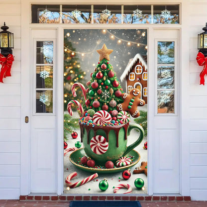 Saoplasa Christmas Door Cover Hot Cocoa Mug Banner 71 x 35 Inch Gingerbread Candy Cane Peppermint Tree Backdrop Holiday Cup Decoration for Christmas Party Wall Hanging Front Door Winter Decor