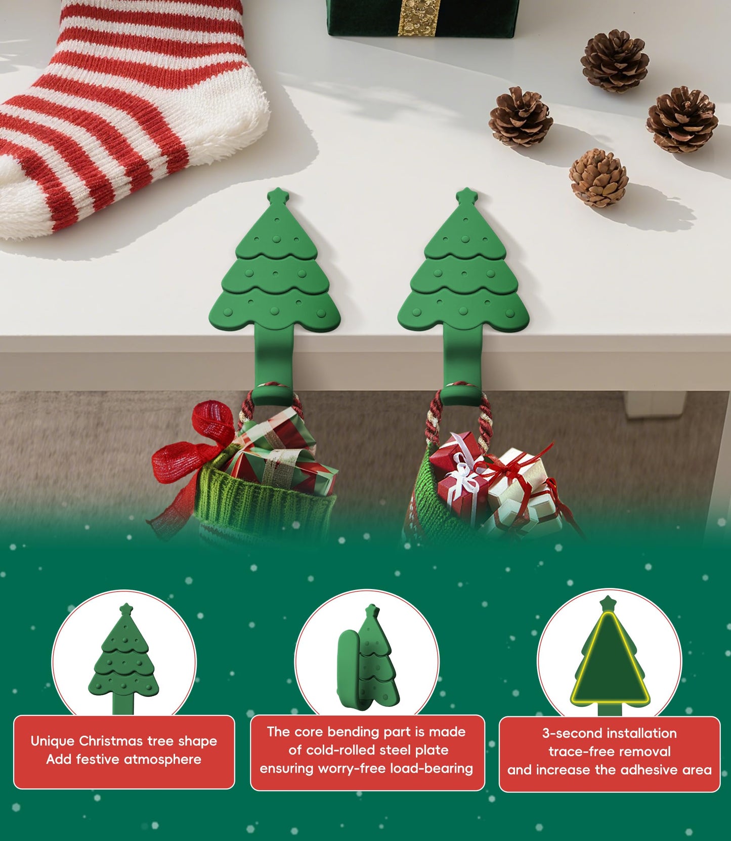 Nearockle 6 Pack Christmas Stocking Holders Garland Hangers for Mantle, Freely Bendable Adjustable Silicone Mantle Hangers, Counter Tables Window Fireplace Decoration (Green)
